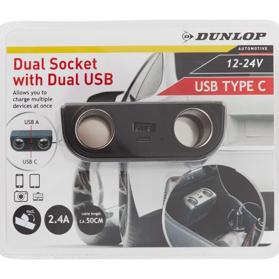 Auto Accessoires>Dunlop Dubbele Auto-Stekkerdoos Zwart